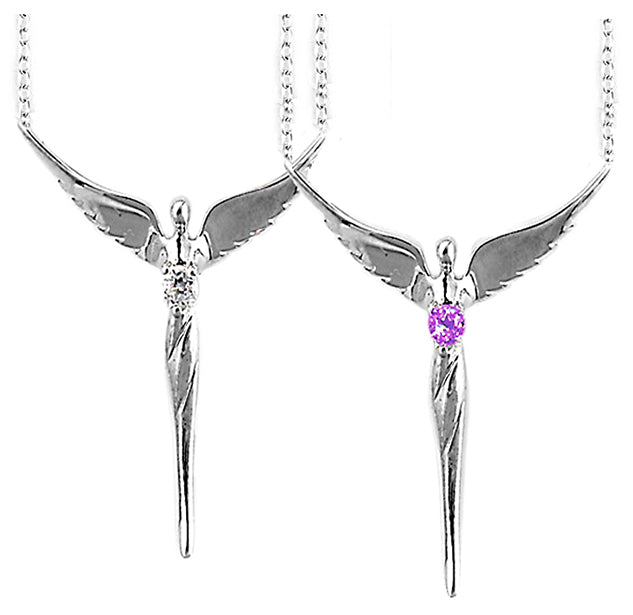 Silver Angel Wing with Heart Birthstone Necklace